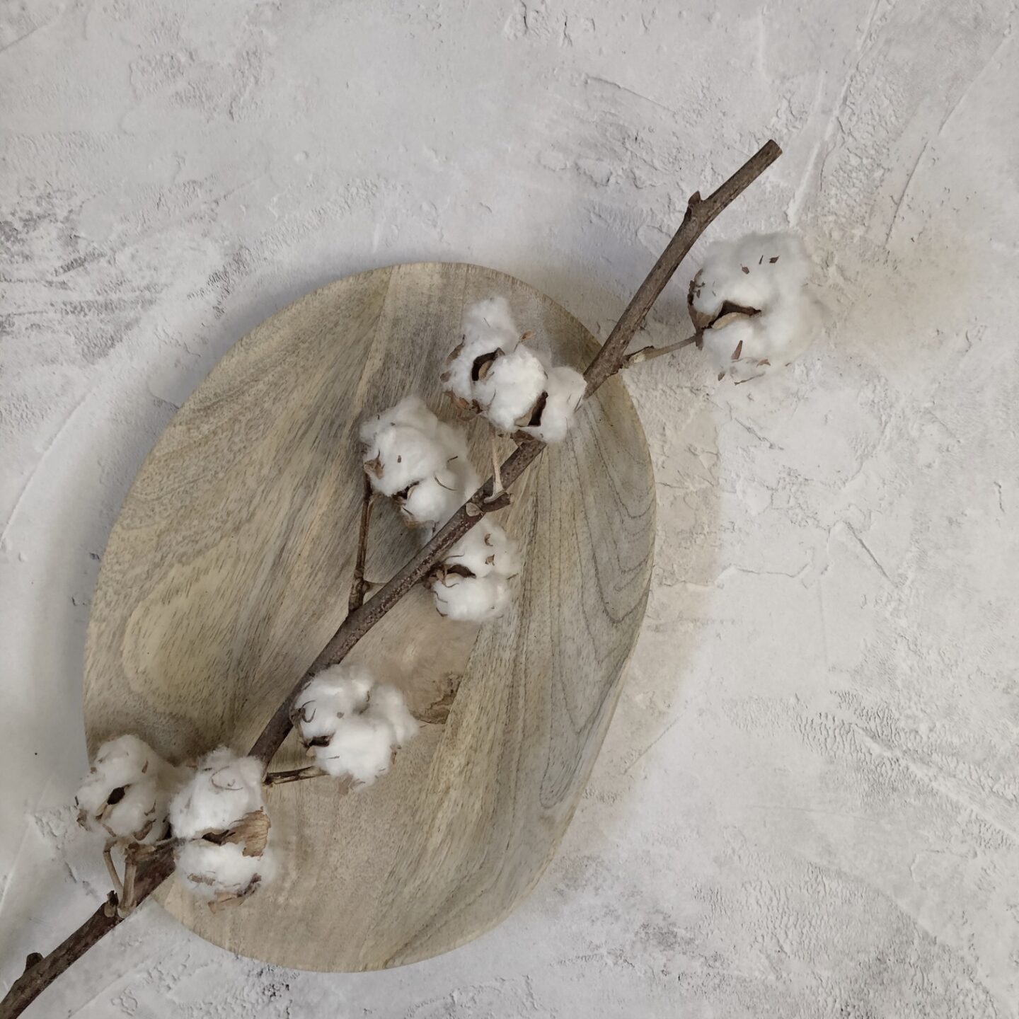 Cotton flowers on a wooden tray
