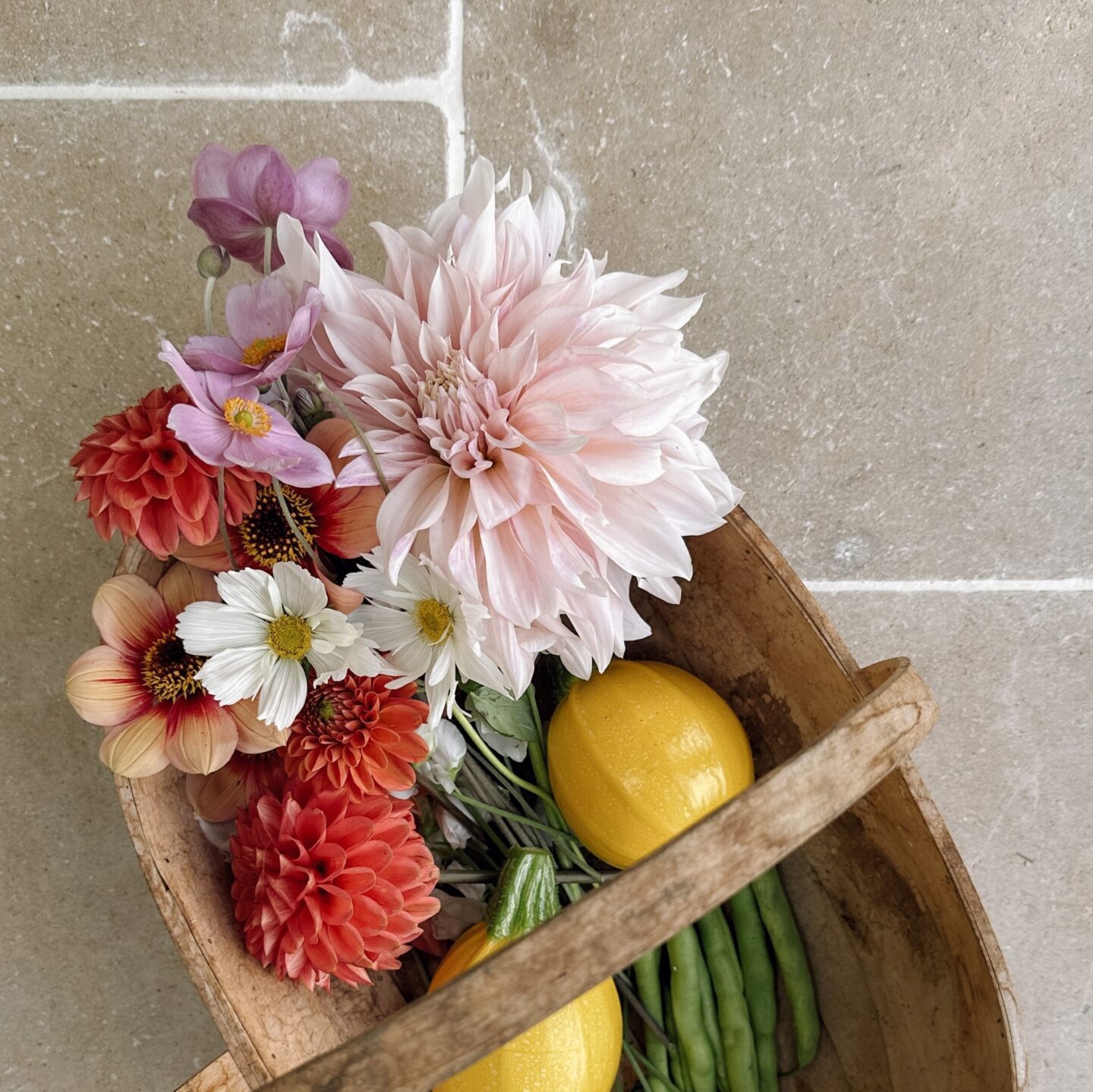 Trug of late summer veg and flowers