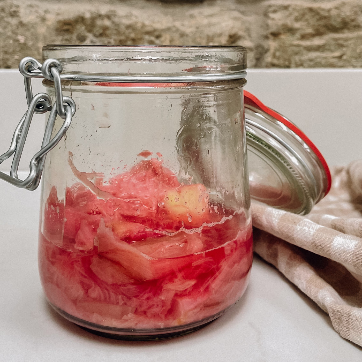 Stewed forced rhubarb in a jar