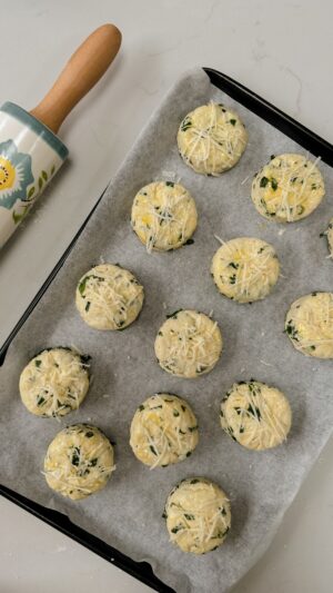 Tray of unbaked gruyere and wild garlic scones