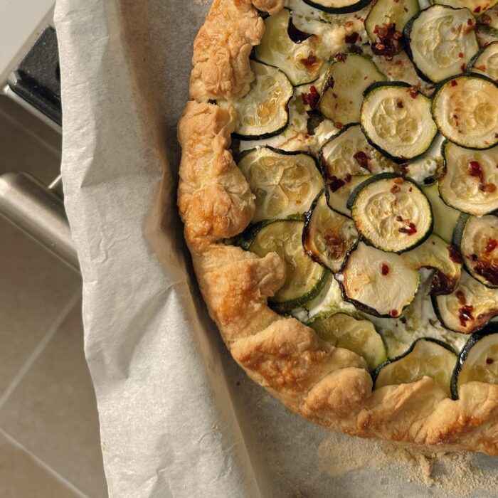 Courgette, ricotta and pea summer galette recipe